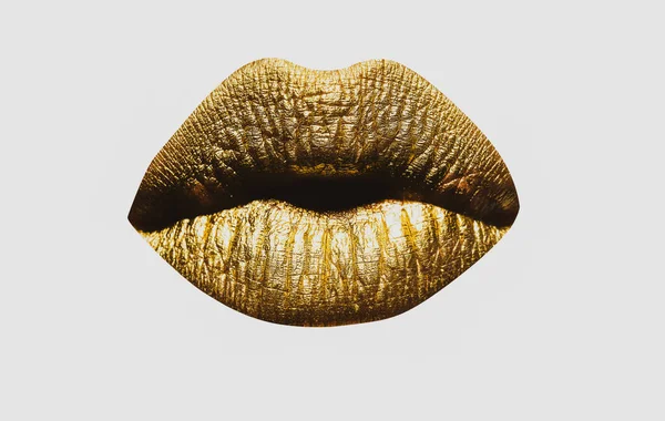 Sexy lips. Closeup sexy beautiful female golden lips isolated. Gold lipstick. — Stock Photo, Image