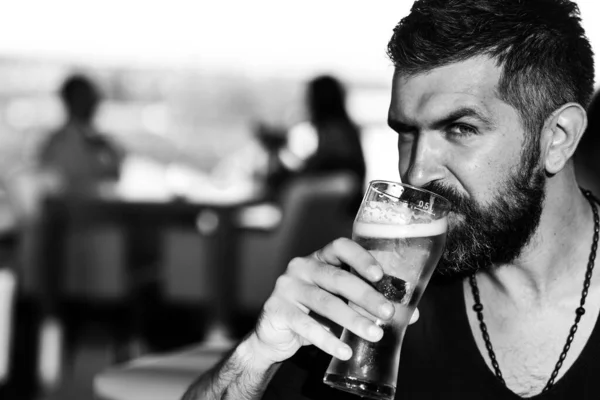 Brutální hipsterský vousáč sedí u baru. Pivní hospody a bary. — Stock fotografie