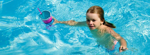 Child swimming. Kids summer vacation. Summertime. Swimming pool. Banner for header, copy space. Poster for web design. — 스톡 사진