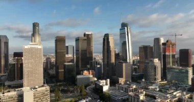 Aerial drone shot flying on downtown Los Angeles. Urban aerial view of downtown Los Angeles. Flying and filmed LA by drone.