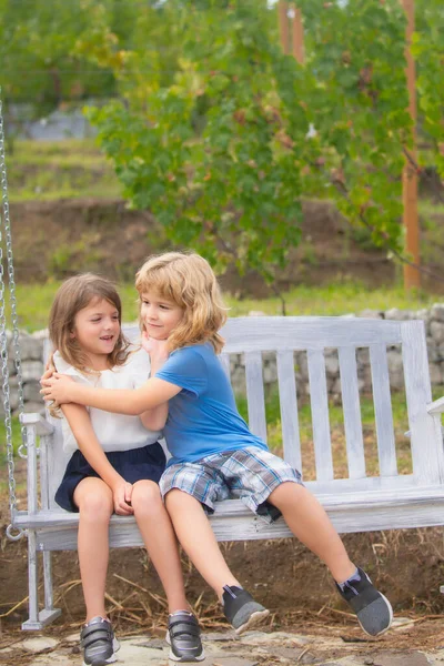 かわいい子供たちが屋外で遊んでいる。夏の公園で2人の幸せな若い子供の肖像画。兄は妹を抱きかかえて. — ストック写真