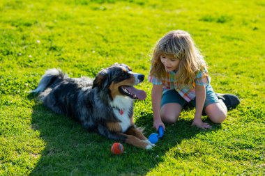 Happy child playing with dog in green grass field. Funny dog.