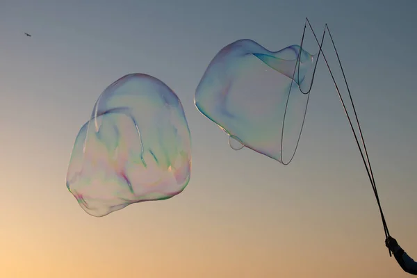 Bulle de savon géante. Bulles de savon volant sur fond bleu ciel au coucher du soleil. Fabrication de bulles avec corde et bâtons. — Photo