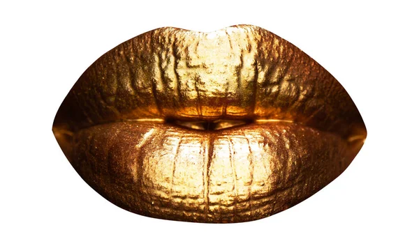 Womans golden lips close up isolated background. Gold sexy mouth. Isolated on white background. — Stock fotografie