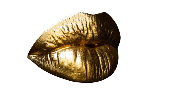 Golden kiss. Womans golden lips, close up isolated background. Isolated gold mouth. Isolated on white background. — Stock Fotó