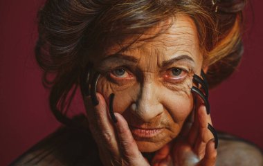 Siyah tırnaklı yaşlı, korkunç cadı kadın. Cadılar Bayramı kadını.