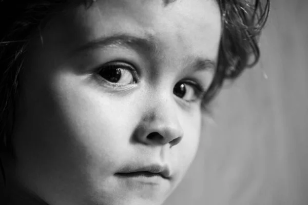 Egy meglepett kisfiú portréja. Fogalom a gyerekek arcáról közelkép. Fejlövés gyermekek portré. — Stock Fotó