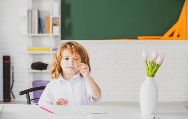 Birinci sınıf. Okulda okuyan bir çocuk. Okul çocuğu sınıfta ödev yapıyor. Çocuklar için eğitim.