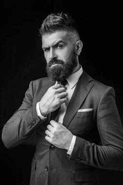 Papyon tarzı. Koyu gri takım elbiseli sakallı adam. Klasik takım elbiseli, gömlek ve kravatlı adam. Zengin adam modeli. Lüks klasik takım elbiseler, moda..