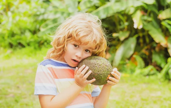 Pequeño niño dulce sosteniendo aguacate verde. Concepto de comida saludable para niños. — Foto de Stock