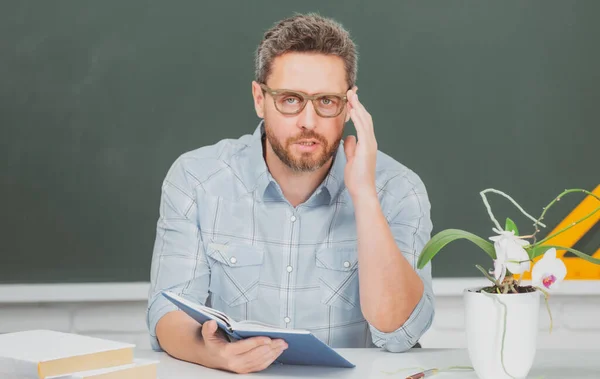 Teachers day. Portrait of mature teacher or tutor professor working at table in college or high school. — Stock Photo, Image
