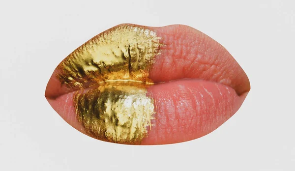 Läppikonen. Läppikon med gyllene glitter effekt. Sensuell mun. Symbol för kyss från gyllene läppstift. Glamour lyx guld mun. — Stockfoto