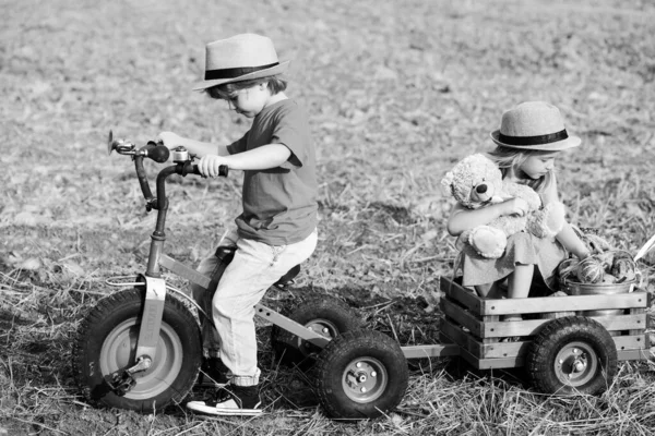 Lindos granjeros - niño y niña en triciclo en el campo. Dos jóvenes agricultores. Infancia en el campo, dulce infancia . — Foto de Stock