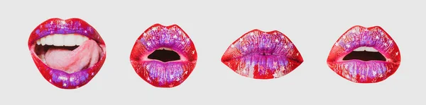 Los labios de las mujeres expresaban emociones diferentes. Conjunto de arte labio primer plano, boca femenina. Colección de labios rojos femeninos. Collage sexy seducción mujer boca, lamer y chupar. Diseño de arte abstracto, banner, aislado. —  Fotos de Stock