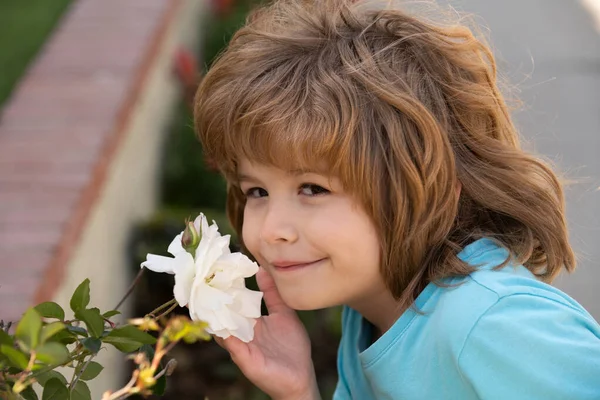 Ritratto di un dolce bambino che si gode l'aroma dei fiori, divertendosi nel parco primaverile. Ragazzino sul prato con fiore selvatico. Felice bambino all'aperto nel campo primaverile. — Foto Stock