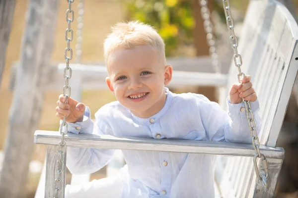 Happy little child boy on a swing in the summer park. — Stockfoto