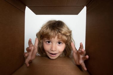 Çocuk karton kutunun içine bakıyor, alt manzara. Satın aldıklarınızı teslim ediyorum. Çocuklar doğum gününü kutlar. Doğum günü hediyesi. Paketleme veya açma kavramı.