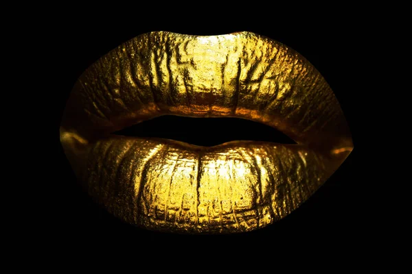 Beautiful lipped woman gold mouth. Sensual golden lips, sexy lip. Golden gloss lipstick. — ストック写真