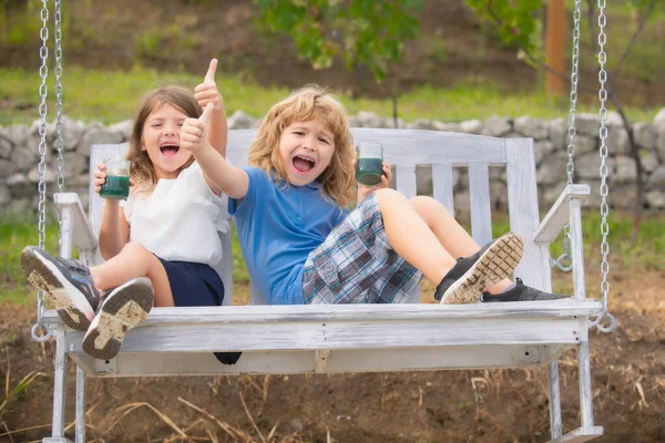 屋外で遊んでいるかわいい興奮した小さな子供たち。夏の公園で2人の幸せな若い子供の肖像画. — ストック写真