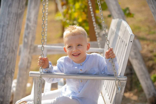 Glücklicher Junge, der lacht und im Sommer auf einer Schaukel im Park schaukelt. Kinder freuen sich und lächeln. Frühlings-Kinderporträt. Kid Emotions Konzept. Porträt eines lachenden Jungen im Freien. — Stockfoto