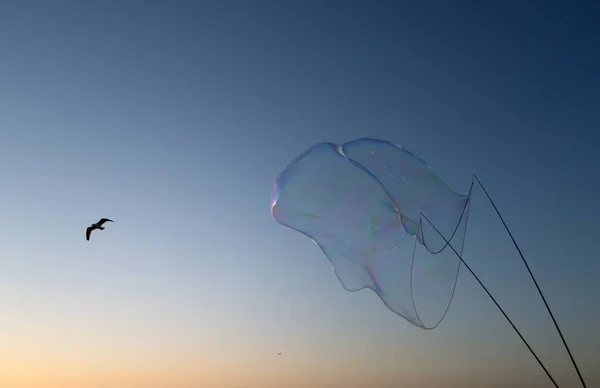 Zeepbellen met regenboogreflectie. Buble aan de blauwe hemel. Bubble feestje. Bubbelmaken met touw en stokken. — Stockfoto