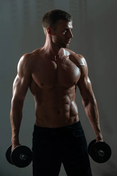 Sportieve romp, man met halters. Portret van een atletische man met halters. Shirtless man met spieren romp in de studio. — Stockfoto