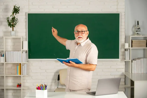 Lerarendag. Portret van volwassen leraar of docent professor werkzaam aan tafel op de universiteit of middelbare school. — Stockfoto
