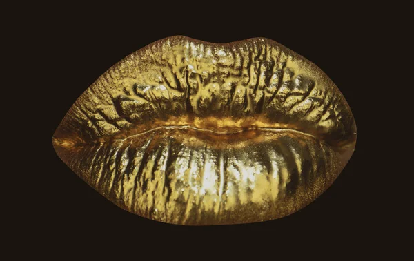 Labios sexys dorados, arte dorado. Oro maquillaje brillante en los labios. — Foto de Stock