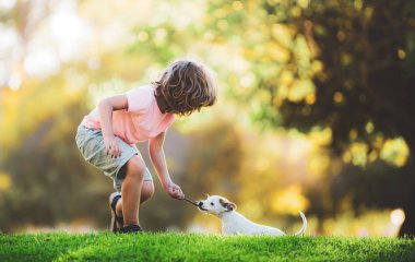 Evcil köpeği olan çocuk. Dışarıda oynayan şirin bir çocuk ve köpek yavrusu..