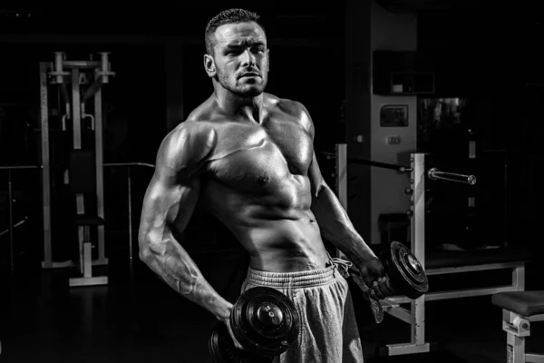 Hombre atlético culturista haciendo ejercicios con mancuerna. Cuerpo muscular de fitness. Entrenamiento de gimnasia. — Foto de Stock