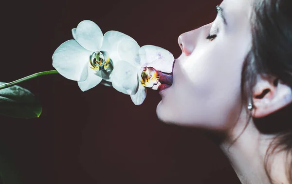 Ragazza sexy leccare orchidea fiore. Orchidee lingua orale. Sensuale giovane donna succhiare orchidea floreale. Lira rossa con rossetto. — Foto Stock