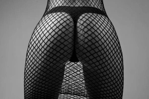 Rozkošná okouzlující žena s dokonalým tělem na sobě sexy černé spodní prádlo a síťované krytí. Sexy záda krásný zadek štíhlá žena izolované na šedém pozadí. — Stock fotografie