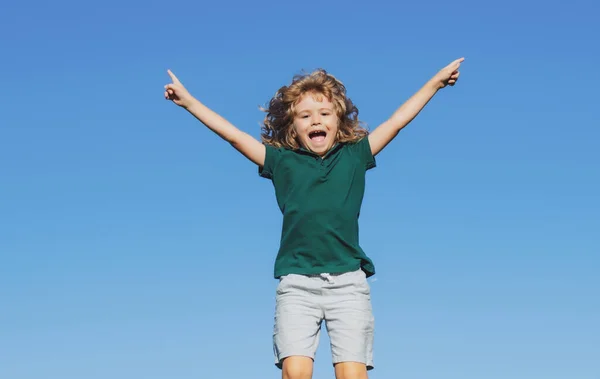 公园蓝天上一个兴奋的小男孩的画像. — 图库照片