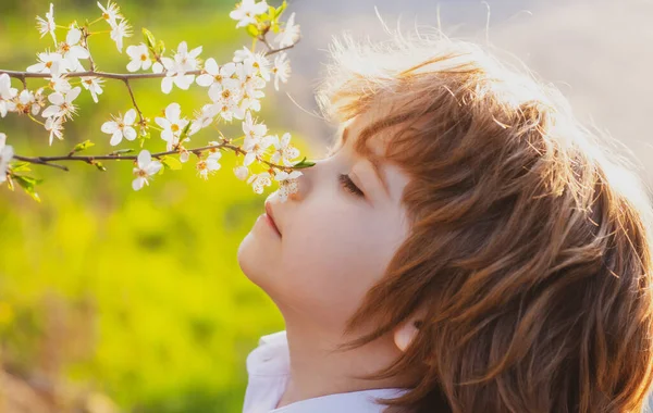 Ευτυχισμένη παιδική ηλικία. Παιδί της άνοιξης με ανθισμένο δέντρο. Χαριτωμένο παιδί σε ανθισμένο κήπο. — Φωτογραφία Αρχείου