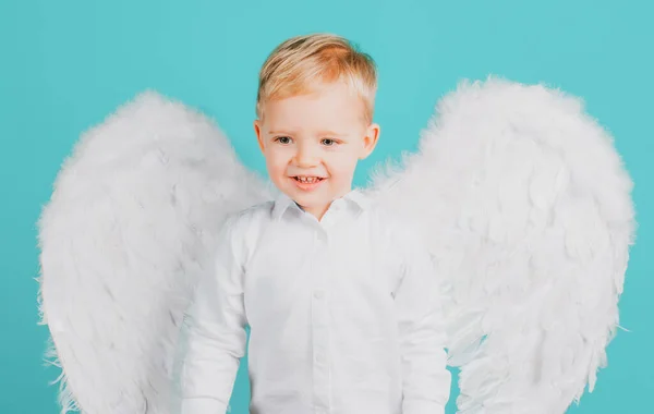 Rapazinho com asas vestidas como um anjo, isolado. — Fotografia de Stock