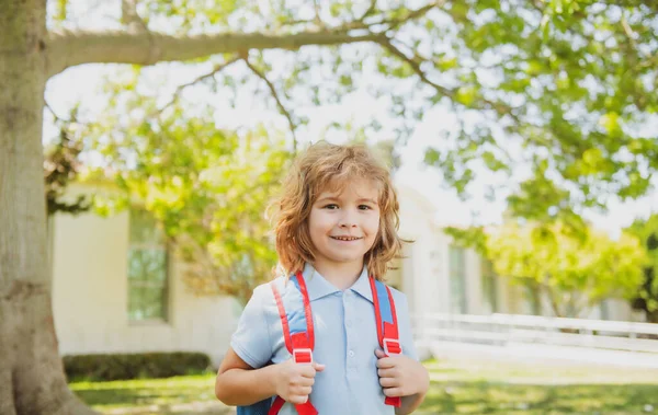 Schuljunge mit Rucksack spaziert auf grünem Rasen. Grundschule und Bildung. Kinder aus der Grundschule. Schülerporträt in der Nähe der Schule. — Stockfoto