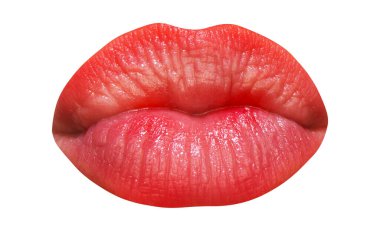 Kadınların dudakları öpüşür, beyaz arka planda izole bir şekilde kapanır. İzole edilmiş ağız..