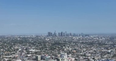 Los Angeles downtown skyline, fly LA by drone, top aerial view. Los Angeles, CA, USA, May 10, 2022