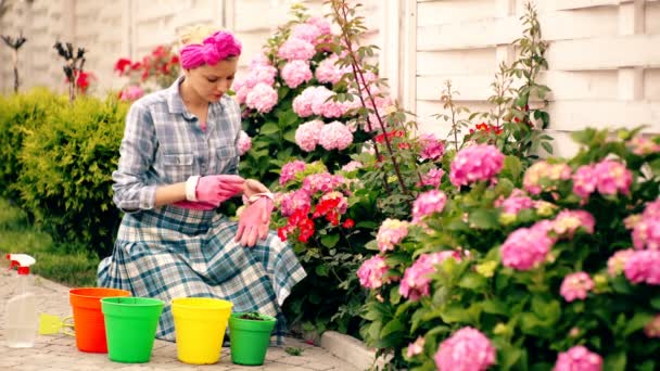 Femme Souriante Jardinage Dans Passe Temps Des Travaux Ménagers Arrière — Video