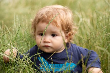 Açık hava çocuk aktiviteleri. Çocuklarla ailecek yaz tatili. Çocuklar yaz tarlasında yeşil çimlerde oynuyorlar. Bebek yüzlü, yakın çekim. Küçük komik çocuk portresi. Sarışın çocuk, duygusal yüz.