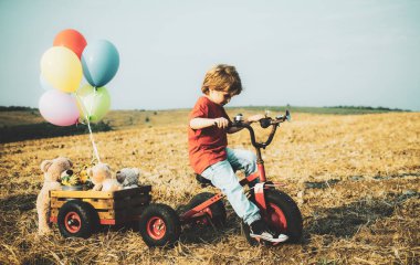 Sevimli çocuk eğleniyor. Mutlu çocuk yazın oynuyor. Mutlu bir çocukluk. Yazın doğada mutlu bir çocuk. Doğada gülümseyen mutlu çocuk