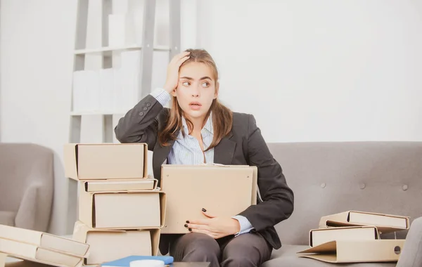Busy Business Woman Many Folders Documents Secretary Girl Working Alone — Stockfoto