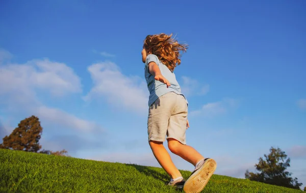 Barnpojken Springer Ängen Glad Unge Springer Ett Vackert Sommarfält Bakifrån — Stockfoto