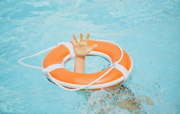 Drowning Kid Helping Lifebuoy Hands Water Life Buoy Survive Support — Stock Photo, Image