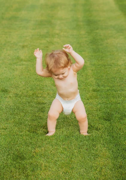 有趣的孩子长大了 可爱的小宝宝在绿草中玩耍 儿童发展 第一步 家庭生活的幸福与和谐 — 图库照片