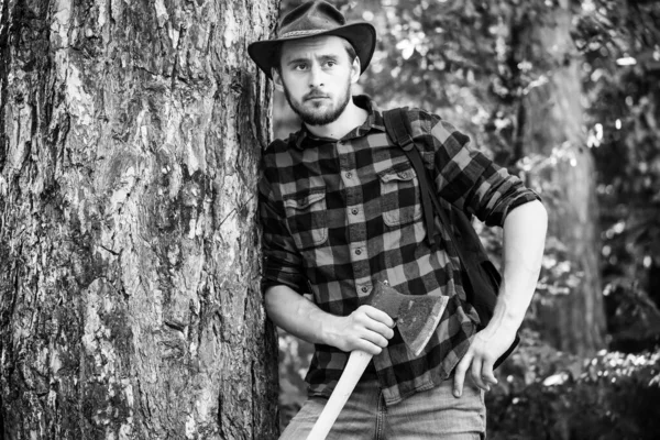 Handsome Man Axe Handsome Man Lumberjack Large Examines Tree Felling — Stock Photo, Image