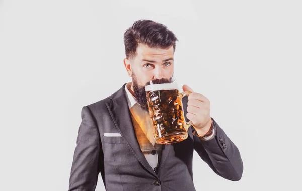 Happy Elegant Man Drinking Beer Happy Brewer Holding Glass Beer — Stock Photo, Image
