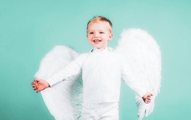 Melek kanatlı çocuklar. Gülen yüzlü, melek gibi giyinmiş şirin bir çocuk. Sevgililer gününde aşk tanrısı Valentin. Kutlama tebrik kartı.