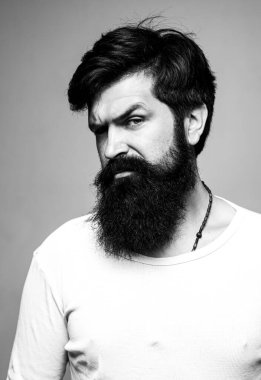 Kendine güvenen ciddi bir adamın portresi. Stüdyodaki hippi adam modelleri. Gri arka planda yakışıklı erkek model