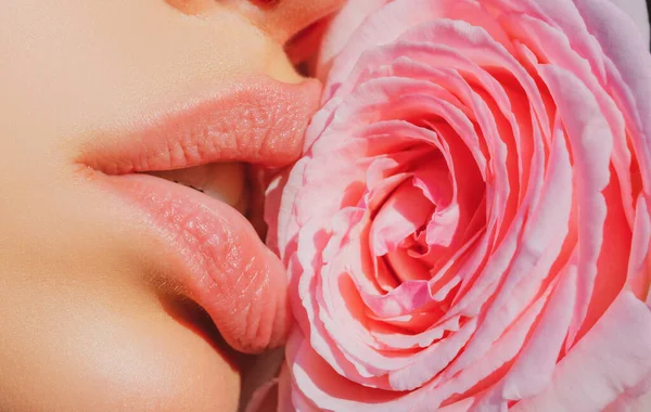 Lippen Mit Lippenstift Nahaufnahme Sexy Frau Küsst Rote Rose Blume — Stockfoto